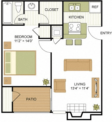 1 bed 1 bath A1 Floor Plan at Sunset Canyon, San Antonio, TX